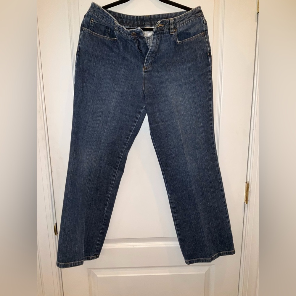 TALBOTS—Stretch Jeans, 12P, Medium Wash Denim, Straight Leg, Front Button & Zip